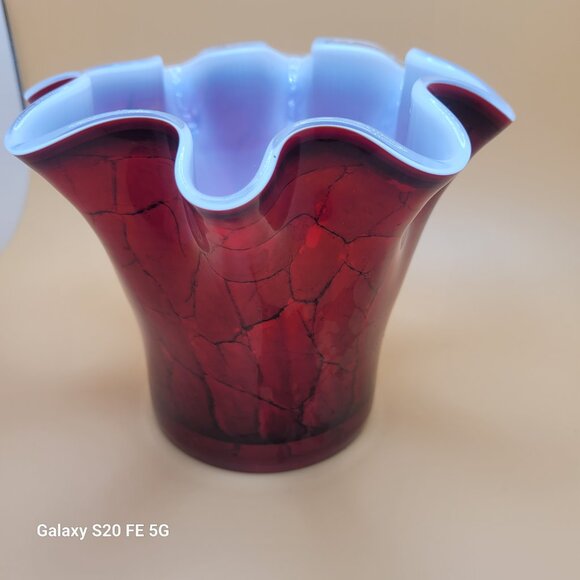 Vintage Ruffle Vase Red with Black Accents Cased White Interior Marble Look - Picture 3 of 10